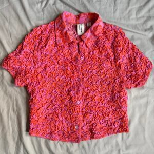 Collusion Pink Textured Button Front Short Sleeve Crop Top- 8